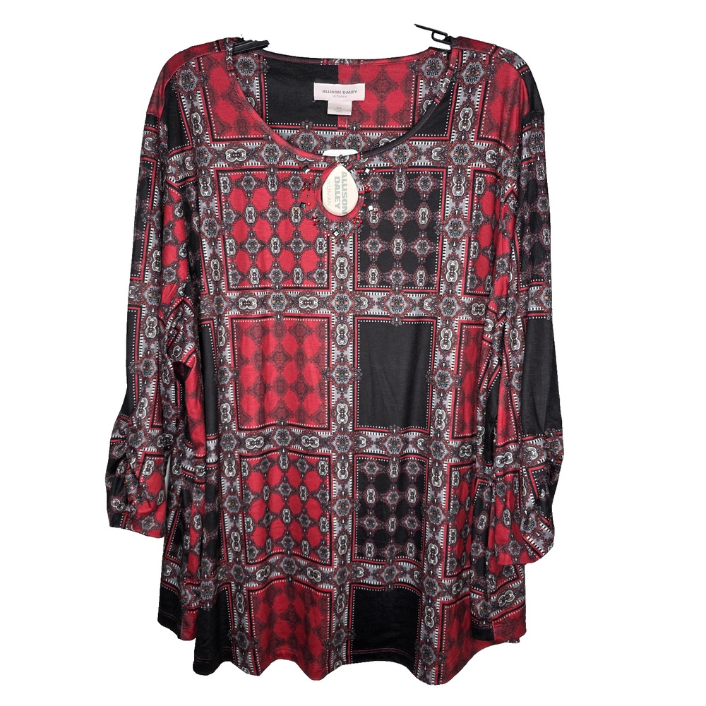 Allison Daley Womens 3X Tunic Top Black Red Print Rhinestone 3/4 Sleeves Shirt